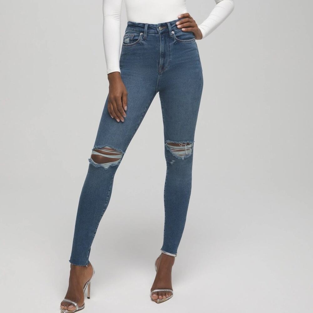 Good American Womens Good Waist Cropped Denim Jeans Raw Hem Destroyed Distressed